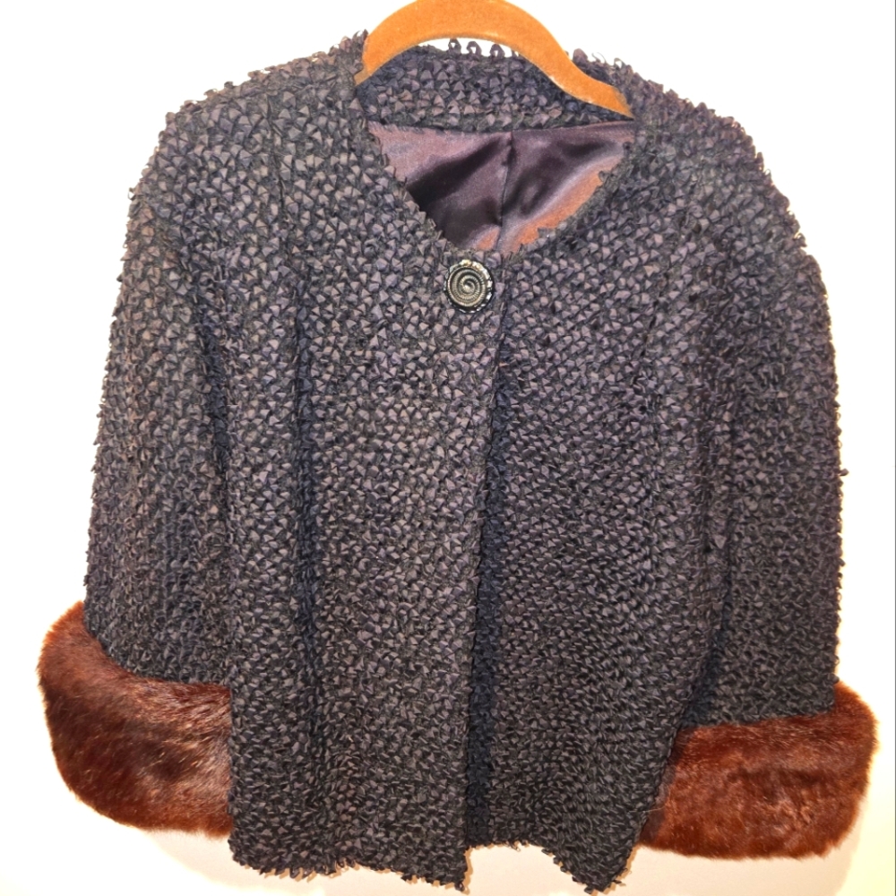 Vintage Black Swing Jacket with Fur Cuffs Sz Small